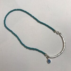Blue Glass Faceted Beaded Necklace with Silver Tone Bar Acrylic Charm 16 inches
